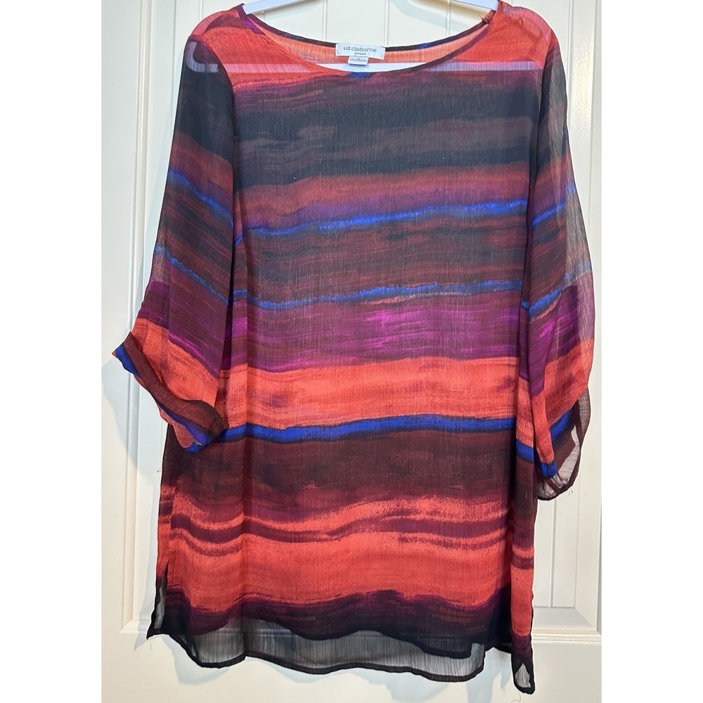 Liz Claiborne Semi Sheer‎ Tunic Top Women's 1X red roll tab sleeves classic
